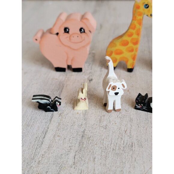 Vintage mini wooden animals giraffe skunk pig dog cat bunny set decor unique - Picture 7 of 7